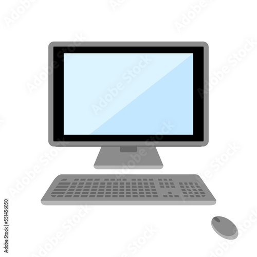 イラスト素材:パソコンとキーボードとマウスのセット/主線なしで液晶画面はブルー（透過背景）