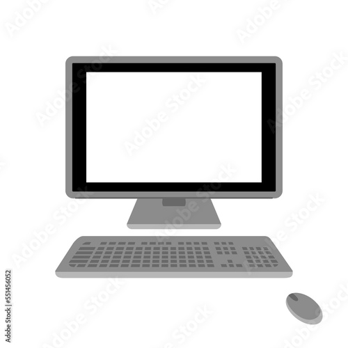 イラスト素材:パソコンとキーボードとマウスのセット/主線なしで画面は白抜き（透過背景）