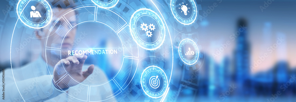 Business, Technology, Internet and network concept. The word Recommendation on the virtual screen. Business, Technology, Internet and network concept. The word Recommendation on the virtual screen.
