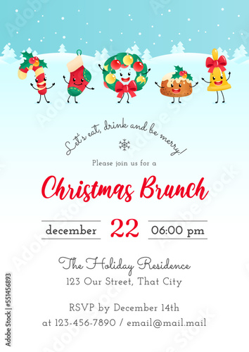Christmas Brunch invitation template. Winter holiday illustration with a candy cane, sock, a wreath, a pudding and a bell on a background of a winter landscape. Vector 10 EPS.