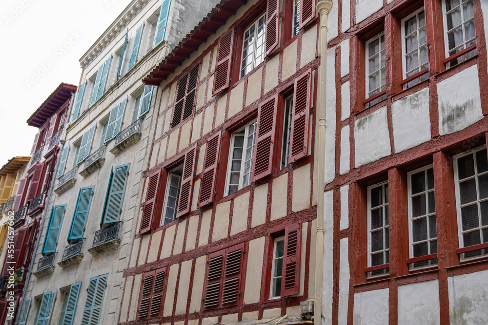 Colorful traditional facades street in Bayonne town France
