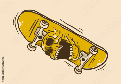 Vintage art illustration of a skateboard and skull