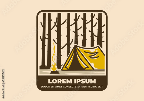 Vintage art illustration of camping tent between big trees