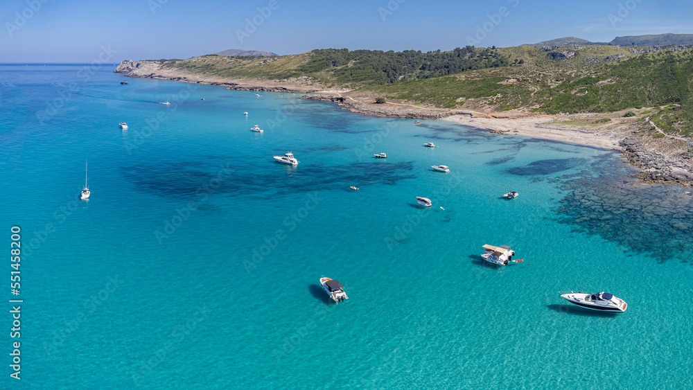 pleasure boats at anchor , Arenalet d Aubarca protected natural area, capdepera, Mallorca, Balearic Islands, Spain