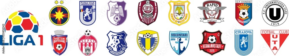 Liga I season 2022, 2023, Romanian association football clubs, Romania, CFR  Cluj, FCSB, FC Hermannstadt, FC Arges Pitesti, Sepsi OSK, CS Universitatea  Craiova, FC Botosani, Kyiv,Ukr - July 24, 2022 Stock Vector