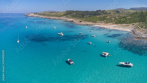 pleasure boats at anchor , Arenalet d Aubarca protected natural area, capdepera, Mallorca, Balearic Islands, Spain