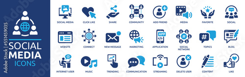 Social Media icon set. Online community, media, website, blog, content, business marketing and social network icons. Solid icon collection. photo