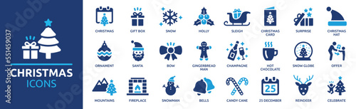 Christmas icon set. Xmas elements with snow, Santa Claus, gift box, candy cane, bells, Christmas tree, snowman and reindeer symbol. Solid icon collection.