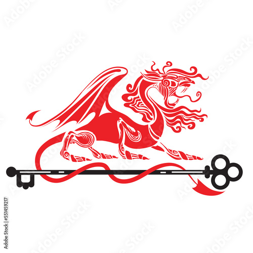 heraldry, logo, a powerful red dragon on four legs wrapped its tail around a large key and guards it, isolated object on a white background, vector illustration,