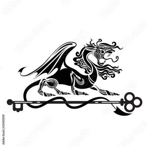 heraldry, logo, a black powerful dragon on four legs wrapped its tail around a large key and guards it, an isolated object on a white background, vector illustration,
