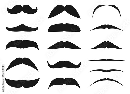 Mustache set. Black silhouette of mustache of an adult man. Vector illustration isolated on white