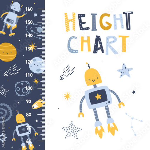 Height chart with cute robots in outer space. Cartoon ruler with cosmic robots. Doodle stadiometer for baby.