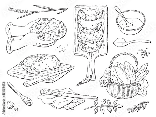 Hand drawn vector illustration - Bread, cutting board, bread knife, spoon, wheat.Vintage Style.