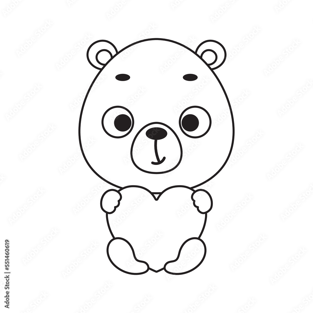 Obraz premium Coloring page cute little bear holds heart. Coloring book for kids. Educational activity for preschool years kids and toddlers with cute animal. Vector stock illustration