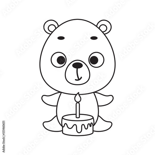 Fototapeta Naklejka Na Ścianę i Meble -  Coloring page cute little bear with birthday cake. Coloring book for kids. Educational activity for preschool years kids and toddlers with cute animal. Vector stock illustration