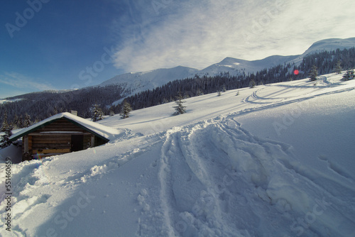 Snow covered log cabin on hill landscape photo. Beautiful nature scenery photography with Carpathians on background. Idyllic scene. High quality picture for wallpaper, travel blog, magazine, article