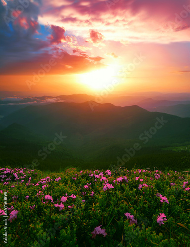 amazing mountains landscape with blooming rhododendrons flowers at morning sunrise, scenic nature scenery, flowering