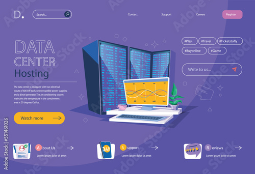 Data center concept in flat cartoon design for homepage layout. Data processing and service, cloud computing and information storage for databases. Vector illustration for landing page and web banner