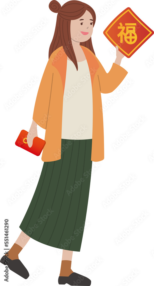 Woman holding red envelope with spring festival couplets, comic cartoon character, celebrating new year Woman holding red envelope with spring festival couplets, comic cartoon character, celebrating new year