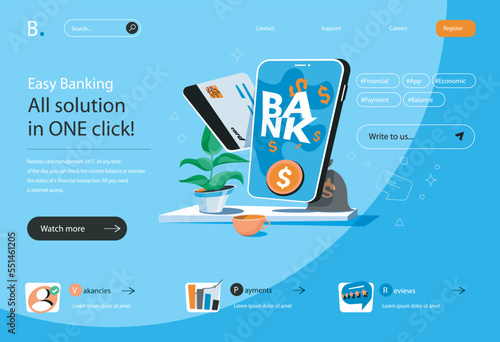 Online banking concept in flat cartoon design for homepage layout. Manage financial account and credit cards, making transactions in mobile app. Vector illustration for landing page and web banner