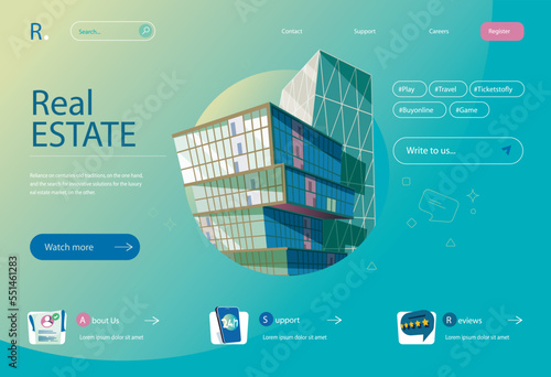 Real estate concept in flat cartoon design for homepage layout. Choosing new house or apartment on agency website, buying and dealing with realtor. Vector illustration for landing page and web banner