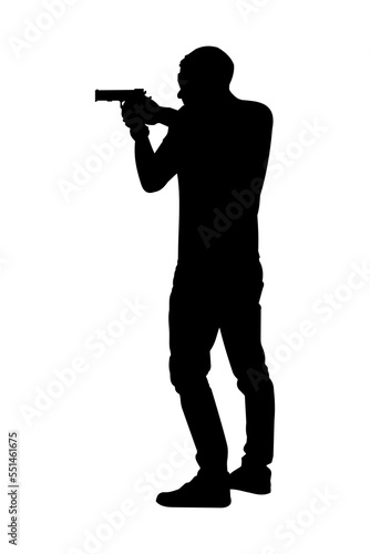 Man shooting gun silhouette or shooting man silhouette. Silhouette of man standing shooting. Suitable for content-related design assets about shooting. Isolated shooting man drawing.
