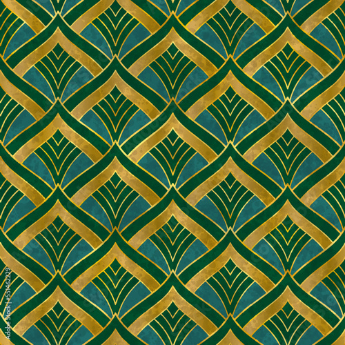 Artistic seamless pattern in art deco style with Asian tuch. Luxury elegant 1920s design for textile and wallpaper. Fabric print vector vintage illustartion.