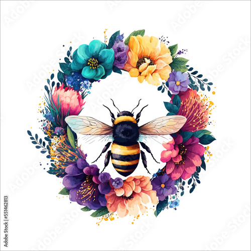 bee in colorful flower wreath circle. Background of leaves in watercolor style layout, template for the summer sale of banners, prints and fabrics. Vector illustration