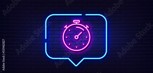 Neon light speech bubble. Timer line icon. Time management sign. Stopwatch symbol. Neon light background. Timer glow line. Brick wall banner. Vector