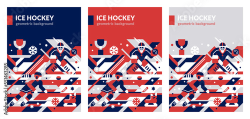 Ice hockey vector backgrounds, flat geometric style. Sport book cover design template. Hockey poster design. photo