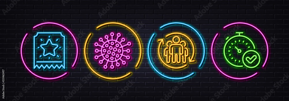 Loyalty ticket, Teamwork and Coronavirus minimal line icons. Neon laser 3d lights. Fast verification icons. For web, application, printing. Bonus star, Employees change, Infection. Timer. Vector