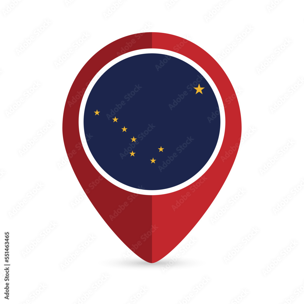 Map pointer with flag Alaska state. Alabama flag. Vector illustration. Map pointer with flag Alaska state. Alabama flag. Vector illustration.