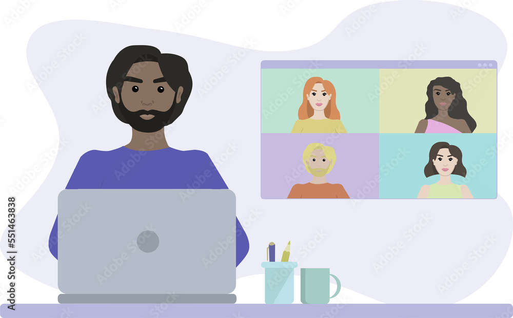 Home office concept. Online meeting with colleagues or friends. Illustration for cards, posters, flyers. Home office concept. Online meeting with colleagues or friends. Illustration for cards, posters, flyers.