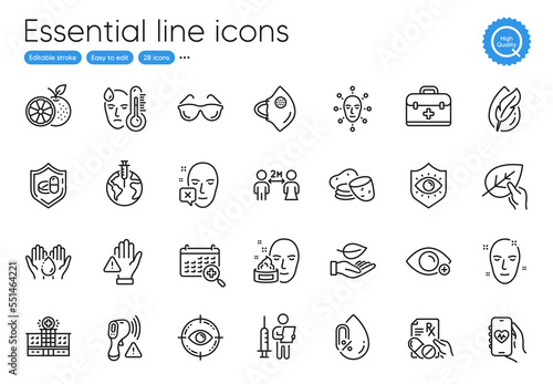 Face cream, Dont touch and Medical mask line icons. Collection of Organic tested, Face biometrics, Prescription drugs icons. Eye target, Hospital building, Eyeglasses web elements. Fever. Vector