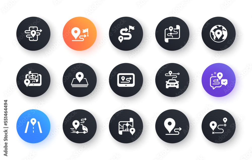 Road map icons. Journey path, Route map and Trip distance. GPS street pin, Car route and Distance flag icons. Road trip, highway traffic and journey travel map. Navigation target pointer. Vector Road map icons. Journey path, Route map and Trip distance. GPS street pin, Car route and Distance flag icons. Road trip, highway traffic and journey travel map. Navigation target pointer. Vector
