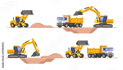 Set of building machines. Construction equipment and machinery - excavator, truck, loader. Vector illustrations.