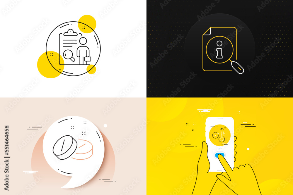 Minimal set of Inspect, Fahrenheit thermometer and Medical tablet line icons. Phone screen, Quote banners. Search icons. For web development. Research list, Temperature control, Medicine pill. Vector Minimal set of Inspect, Fahrenheit thermometer and Medical tablet line icons. Phone screen, Quote banners. Search icons. For web development. Research list, Temperature control, Medicine pill. Vector
