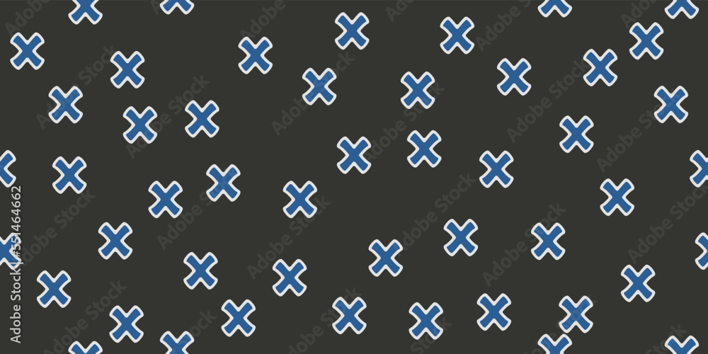 Blue crosses scattered across the canvas. Seamless vector pattern with crosses. For seamless print, interior and decor. Blue crosses scattered across the canvas. Seamless vector pattern with crosses. For seamless print, interior and decor.