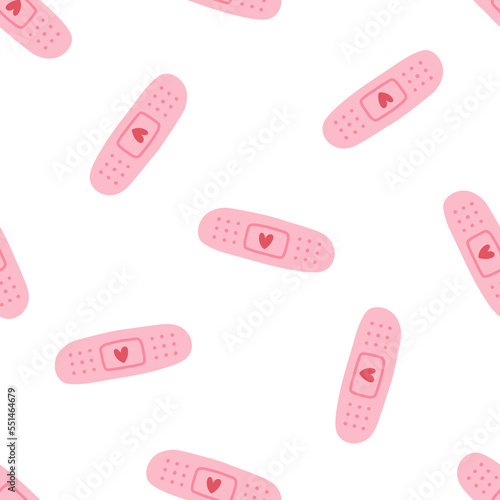 Cute seamless pattern with pink band aids and hearts