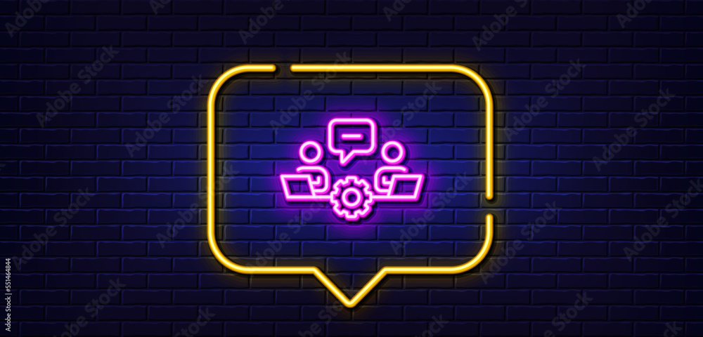 Neon light speech bubble. Teamwork line icon. Remote office sign. Team employees symbol. Neon light background. Teamwork glow line. Brick wall banner. Vector Neon light speech bubble. Teamwork line icon. Remote office sign. Team employees symbol. Neon light background. Teamwork glow line. Brick wall banner. Vector