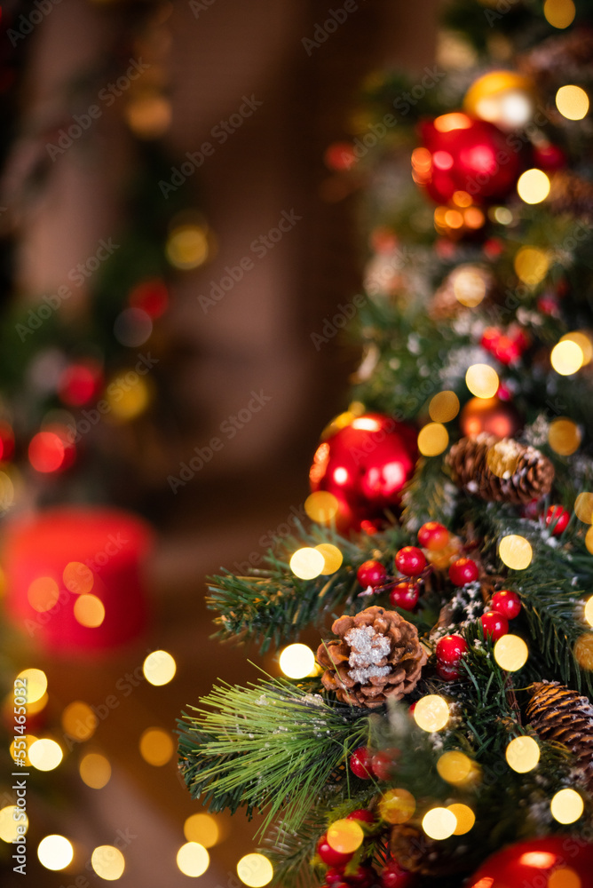 Christmas background, red and gold wallpaper. Beautiful bokeh lights