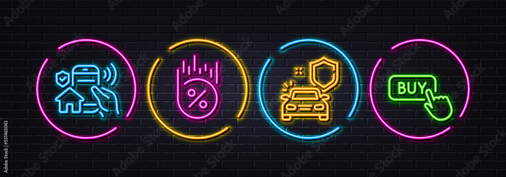 House security, Car secure and Loan percent minimal line icons. Neon laser 3d lights. Buy button icons. For web, application, printing. Smart home, Vehicle insurance, Discount. Online shopping. Vector