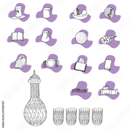 Vector icon set. 15 steps of Seder Pesach table. The Jewish holiday of freedom.
A crystal wine bottle and four glasses. Manual illustration. isolated