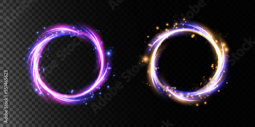 Magic portals on the night scene. Blue and gold round holograms with rays of light and sparkles. Glowing futuristic teleport tunnel with copy space on black background.
