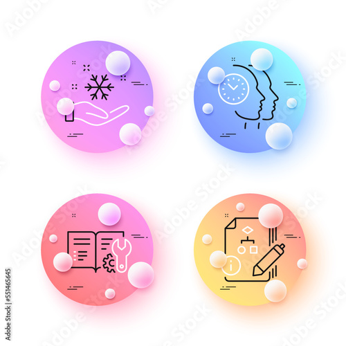 Freezing, Engineering documentation and Time management minimal line icons. 3d spheres or balls buttons. Algorithm icons. For web, application, printing. Vector