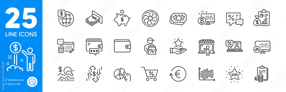 Outline icons set. Atm money, Wallet and Income money icons. Fan engine, Delivery discount, Piggy bank web elements. Market seller, Loyalty points, Discounts signs. Accounting. Vector Outline icons set. Atm money, Wallet and Income money icons. Fan engine, Delivery discount, Piggy bank web elements. Market seller, Loyalty points, Discounts signs. Accounting. Vector