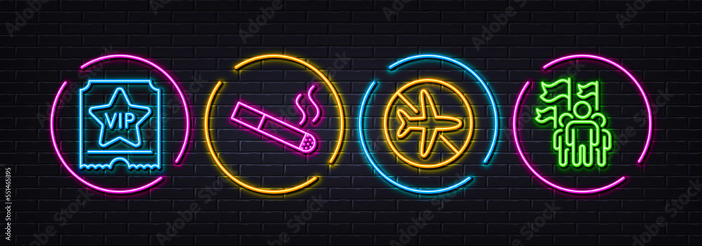 Smoking, Flight mode and Vip ticket minimal line icons. Neon laser 3d lights. Leadership icons. For web, application, printing. Cigarette, Airplane mode, Exclusive privilege. Winner flag. Vector