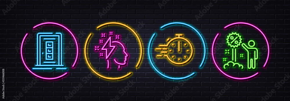 Cooking timer, Door and Brainstorming minimal line icons. Neon laser 3d lights. Discount icons. For web, application, printing. Stopwatch, Entrance door, Lightning bolt. Sale shopping. Vector