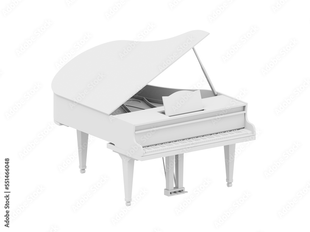 White grand piano, musical instrument. 3d rendering. Icon on white background. White grand piano, musical instrument. 3d rendering. Icon on white background.