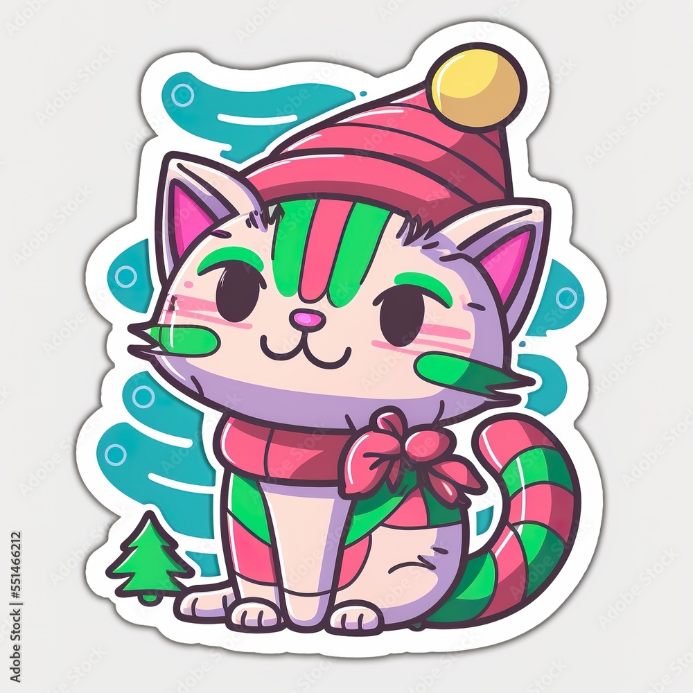 Obraz premium Cartoon, cute, white Christmas cat sticker. Merry Christmas. Vector illustration.